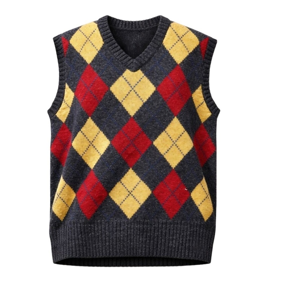 Avon Scottish Shetland Argyle Sweater Vest Gray Red Yellow V-Neck Preppy‎ Mens M